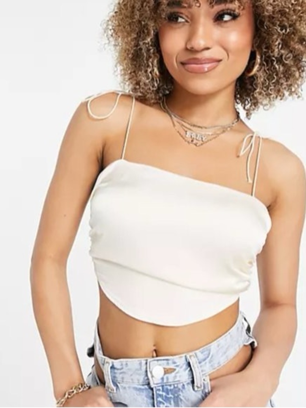 Women’s Cream Satin Tie-Strap Cropped Cami Top